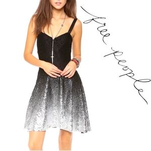 Free People Silver Foiled Ombré Black Lace Sleeveless Mini Dress